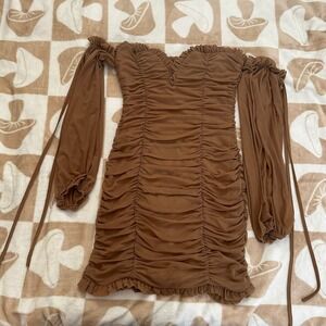 MABLE | Brown Bodycon Mesh Ruched Mini‎ Dress | Women's S